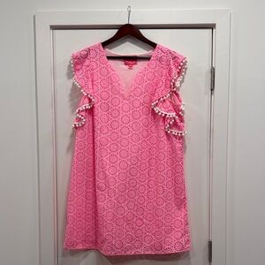 Lilly Pulitzer Pink Eyelet Dress with Pom-Pom Trim